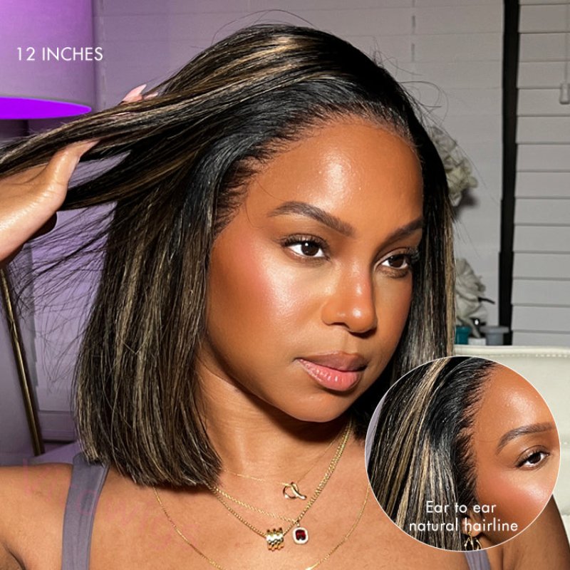 New Glueless Highlight Brown mixed Blonde Hair Straight Bob Wig