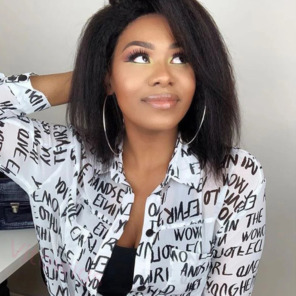 Kinky Straight 200% Density Glueless black Bob Wigs