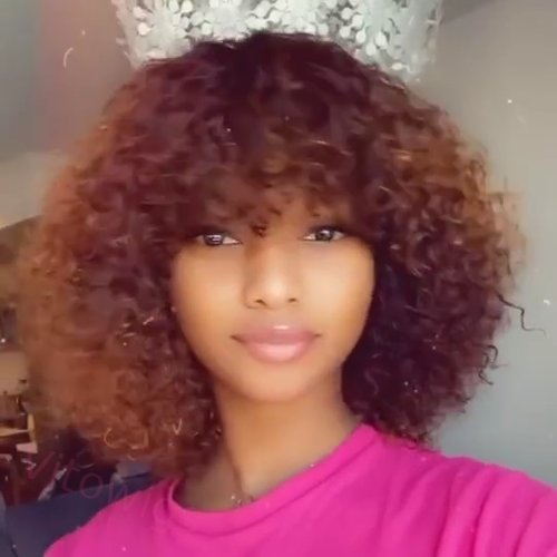 Light Brown/Black Color Brazilian Remy Curly Hair Wig With Bangs Glueless Wigs