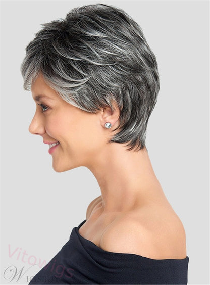 Glueless Salt and Pepper Short Straight Bob Pixe Cut Wig
