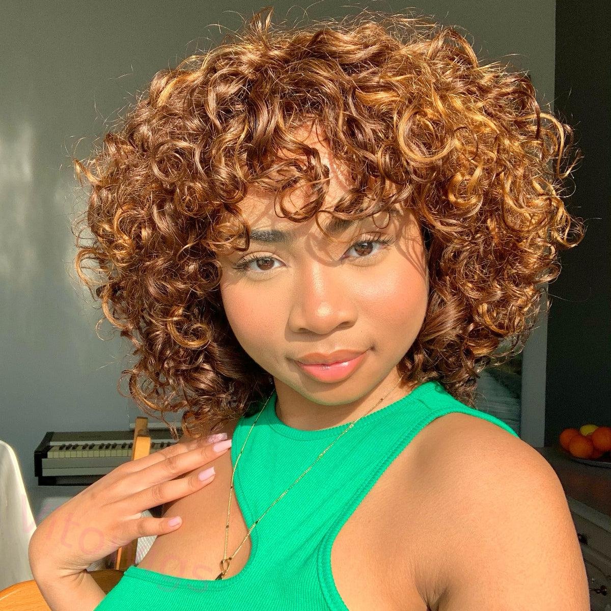 Short Bob Curly Hair Wave Wig With Bangs Black Color