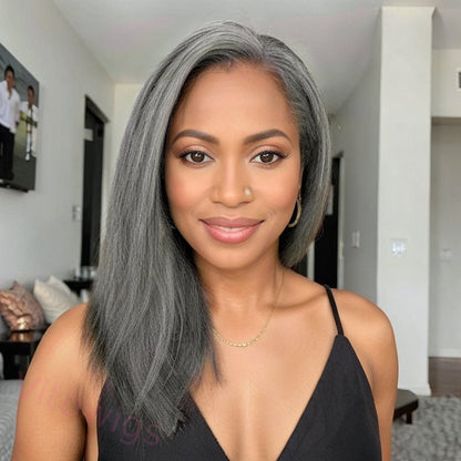 Salt & Pepper Kinky Straight Bob Wig