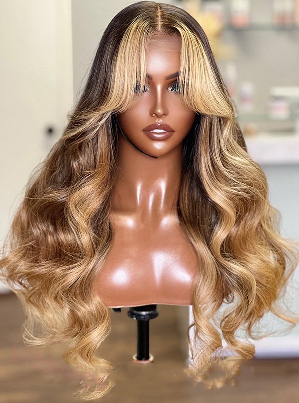 Glueless Highlight Brown Mixed Gold Long Body Wavy Hair Wig