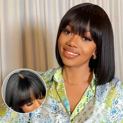 New Glueless Short Bob Wig With Bangs Straight Hair Wigs