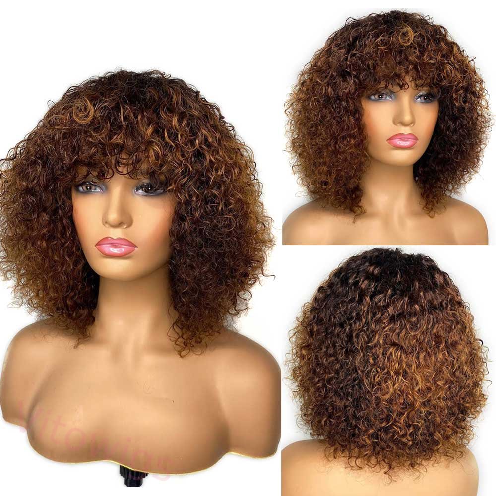 Light Brown/Black Color Brazilian Remy Curly Hair Wig With Bangs Glueless Wigs