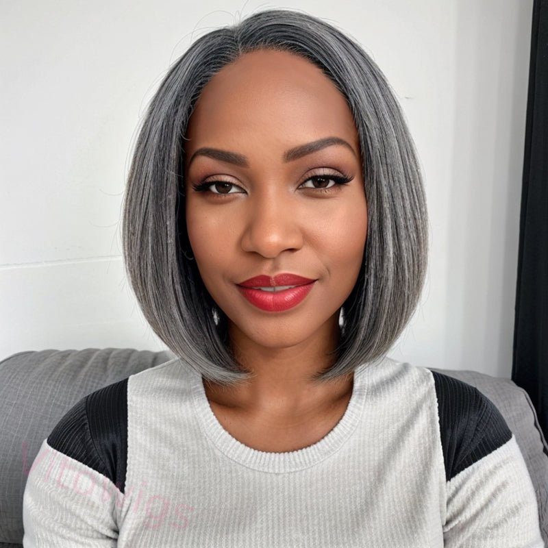 Salt and Pepper Grey Glueless Straight Bob Hair Wig
