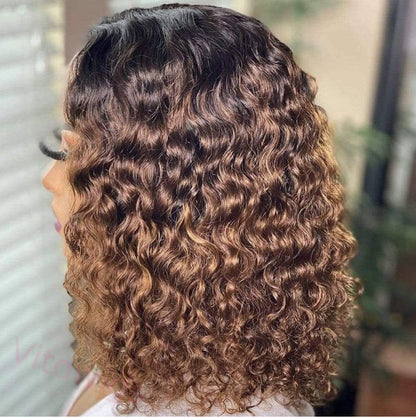 Black Gradient Light Brown Short Bob Centre Parting Curly Wig