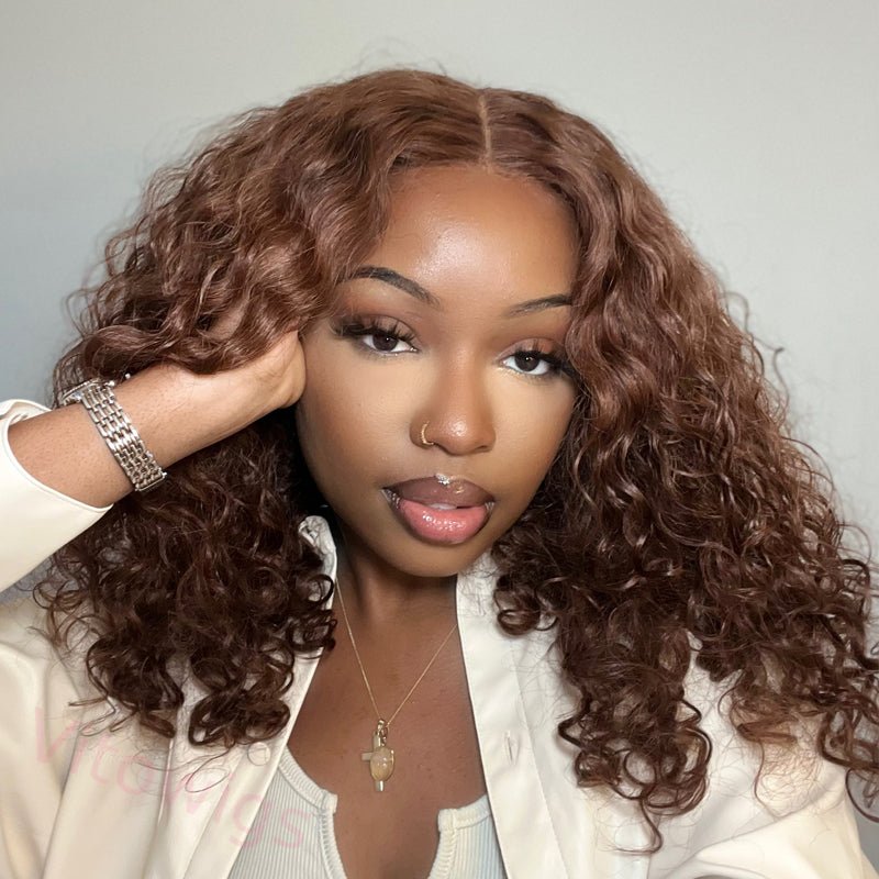 New Glueless Brown Brazilian Water Wave Curly Wig