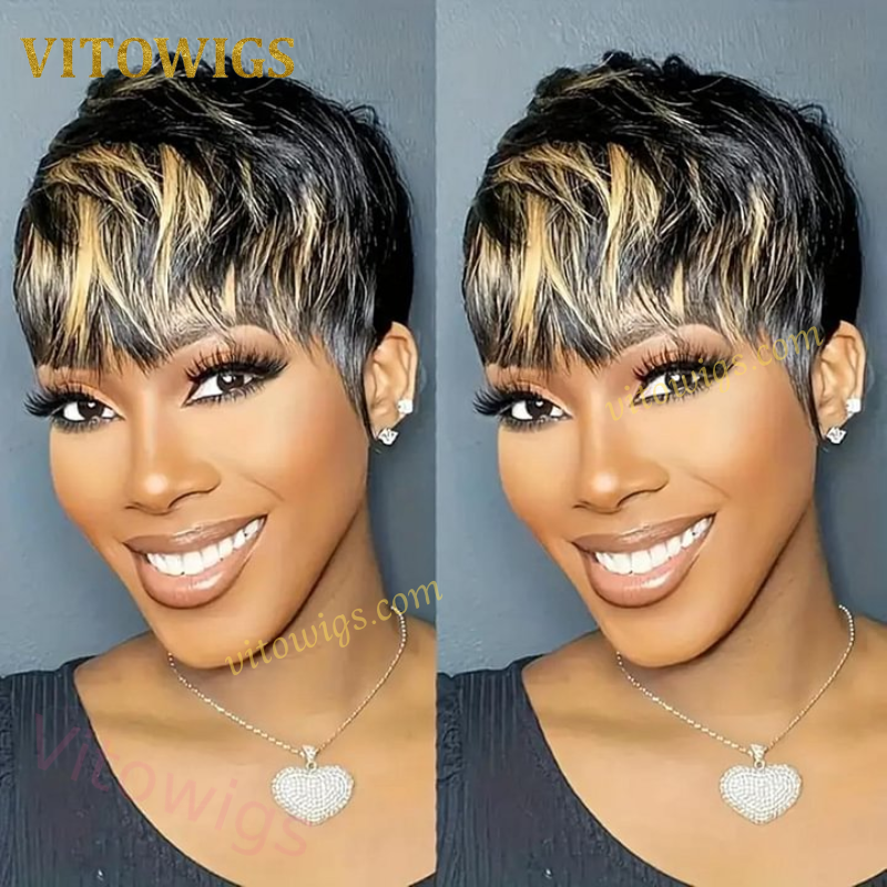 Glueless Salt and Pepper Short Straight Pixe Cut Hair