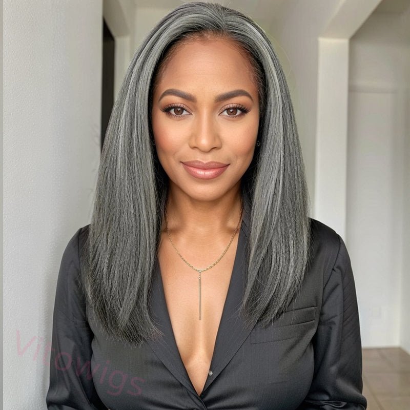 Salt & Pepper Kinky Straight Bob Wig