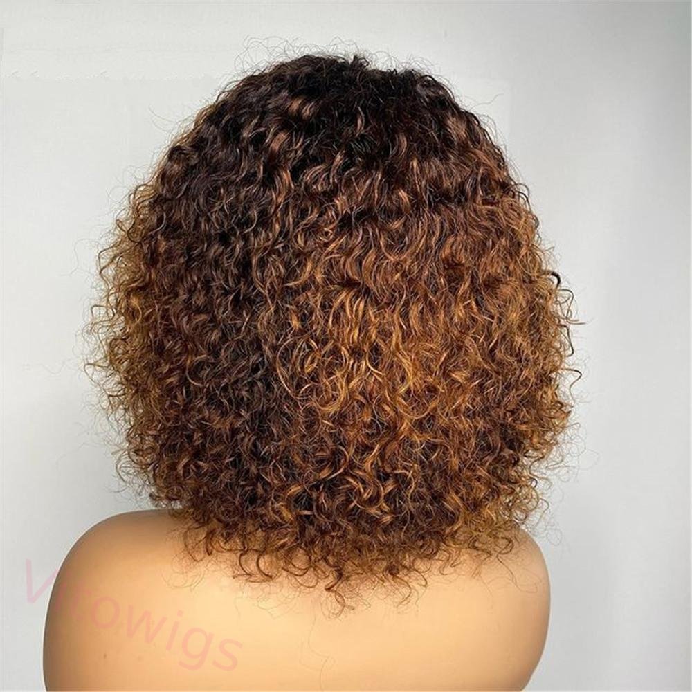 Light Brown/Black Color Brazilian Remy Curly Hair Wig With Bangs Glueless Wigs